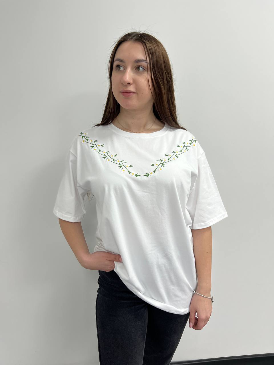 Футболка з вишивкою оверсайз преміум S - XL